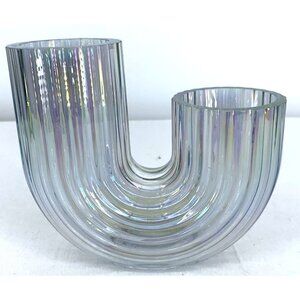 IKEA Raffelbjork Iridescent Glass Vase 4¾” J Shape Ribbed Mother-of-Pearl